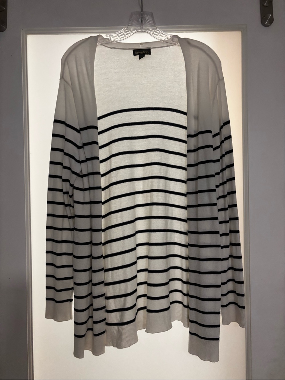 Style & Co. Cream and Black Striped Open-Front Cardigan